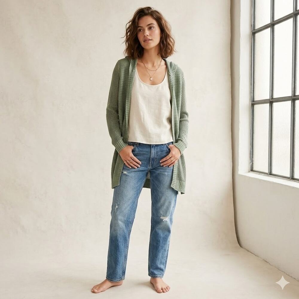 NWT Marled Lily Pad Mixed Stitch Relaxed Fit Hooded Cardigan Medium Minimalist